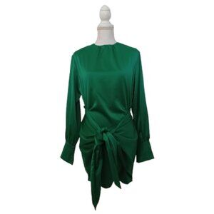 NASTY GAL Green Satin Extreme Shoulder Tie Front Long Sleeve Wrap Mini Dress NEW